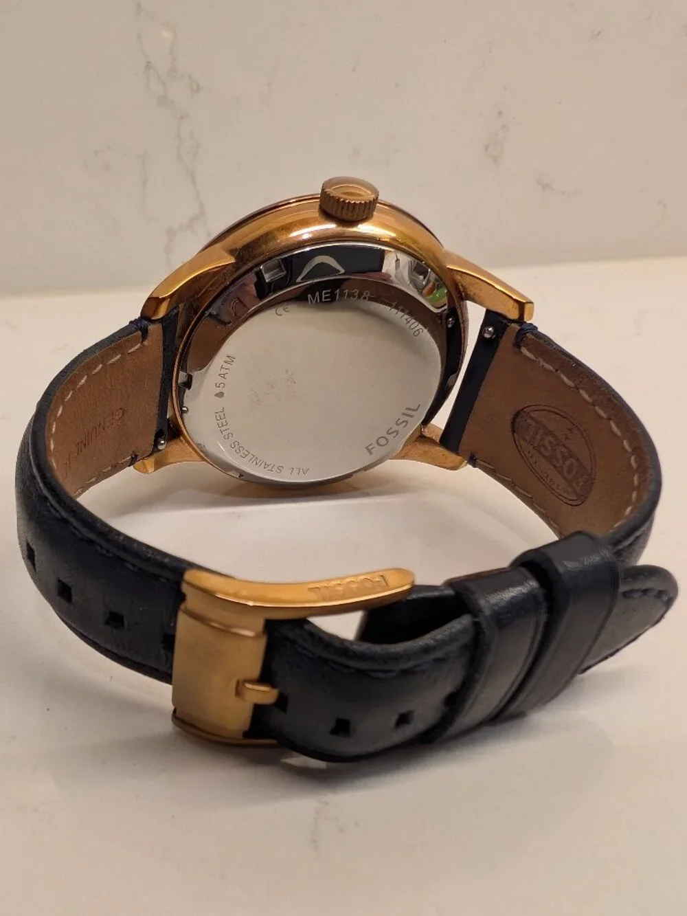 Fossil Townsman ME1138 Twist Skeleton Rose Gold Blue Leather Men’s Watch